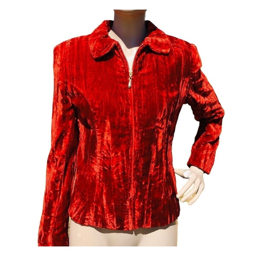 Vintage 90s Cache Gothic Red Crushed Velvet High Shoulder Zip-Up Jacket Size 4